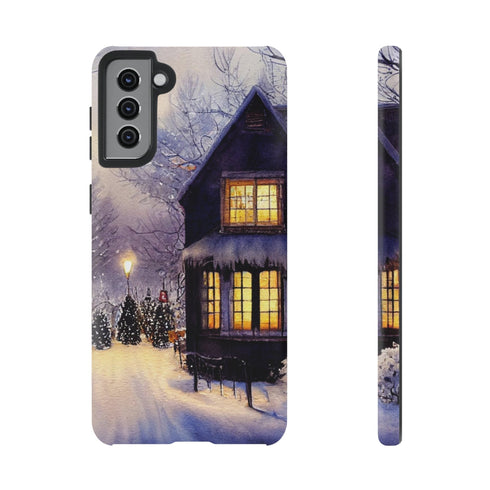 Glowing Homes in the Snow with Christmas Decorations - Impact Resistant Phone Case Samsung Galaxy S21 Plus Matte